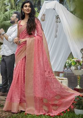 Pink printed cotton saree with blouse 1