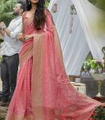 Pink printed cotton saree with blouse