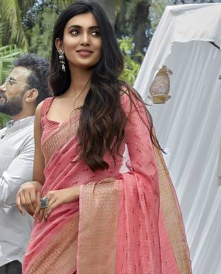 Pink printed cotton saree with blouse 2
