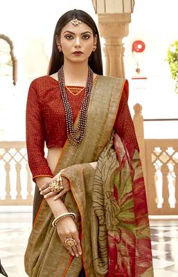 Red printed jute cotton saree with blouse 2