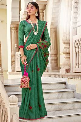 Green printed jute cotton saree with blouse 1