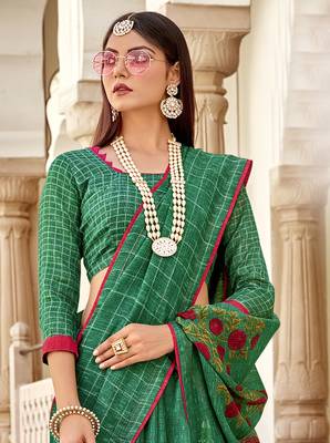 Green printed jute cotton saree with blouse 2
