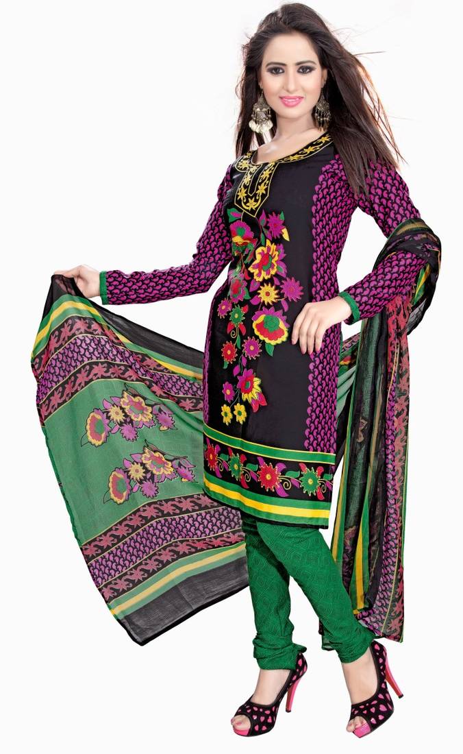 Black and multicolor printed Crepe unstitched salwar with dupatta