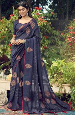 Blue printed chanderi silk saree with blouse 1