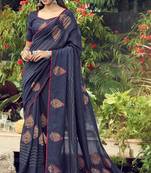 Blue printed chanderi silk saree with blouse