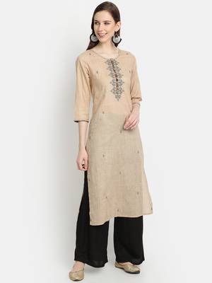 Women's Beige Cotton Printed Straight Kurta 1