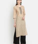 Women's Beige Cotton Printed Straight Kurta