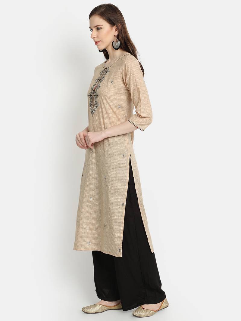 Women's Beige Cotton Printed Straight Kurta