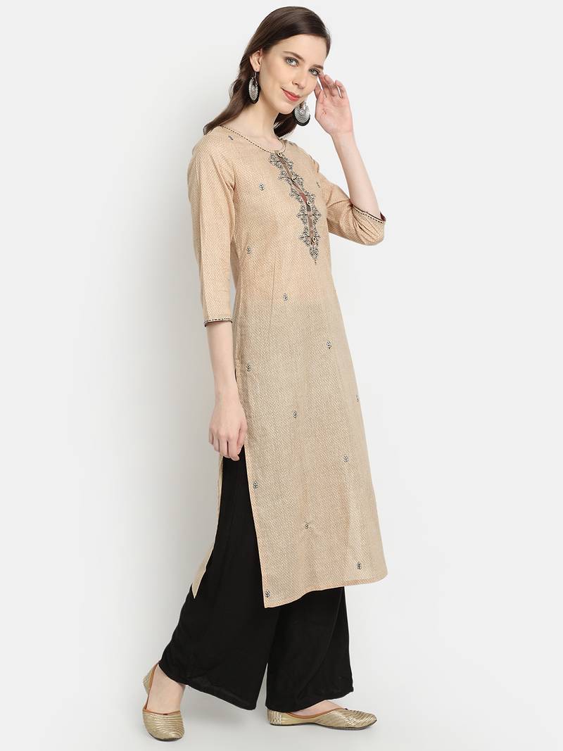 Women's Beige Cotton Printed Straight Kurta
