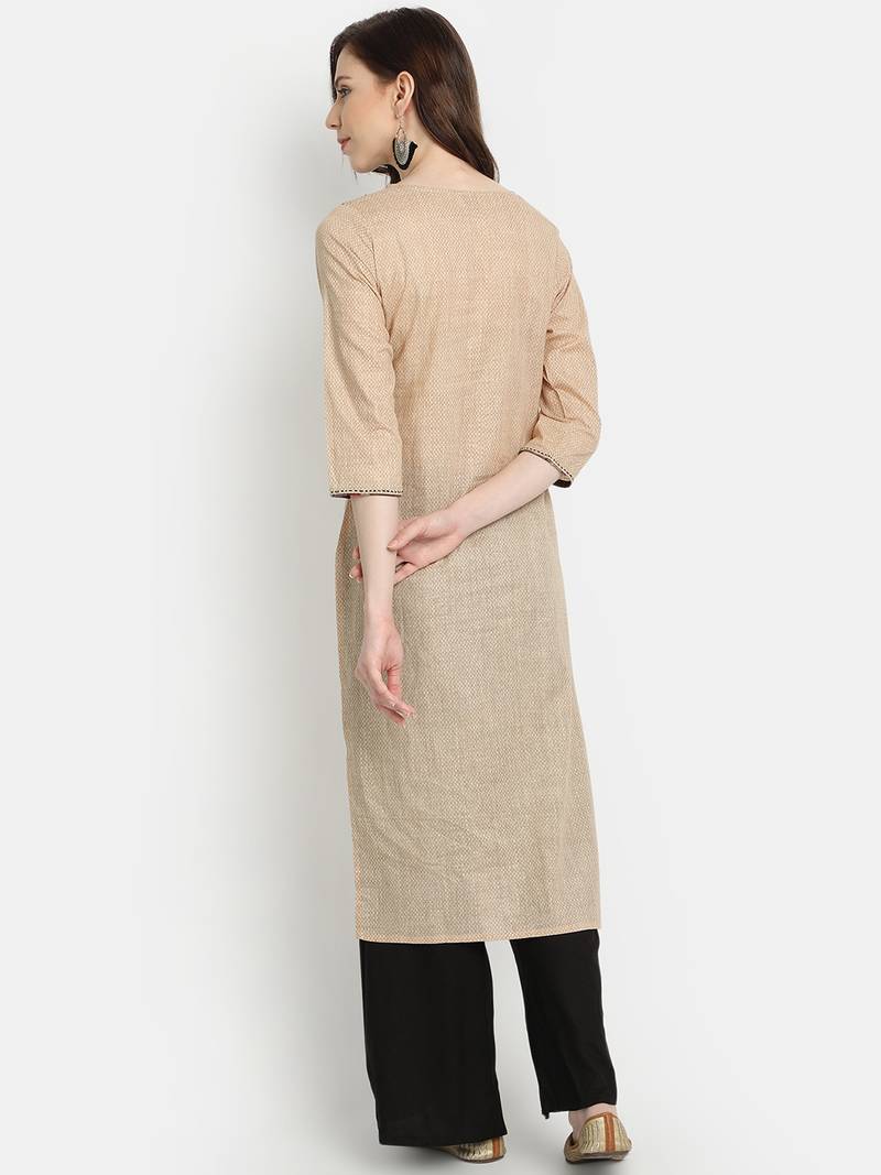 Women's Beige Cotton Printed Straight Kurta