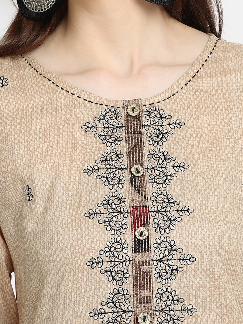Women's Beige Cotton Printed Straight Kurta