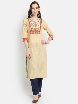 Women's Beige Cotton Printed Straight Kurta 1