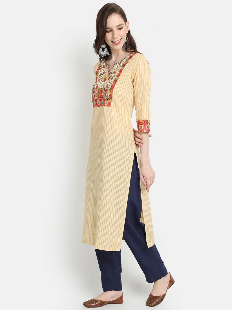 Women's Beige Cotton Printed Straight Kurta