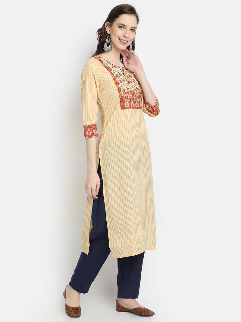 Women's Beige Cotton Printed Straight Kurta