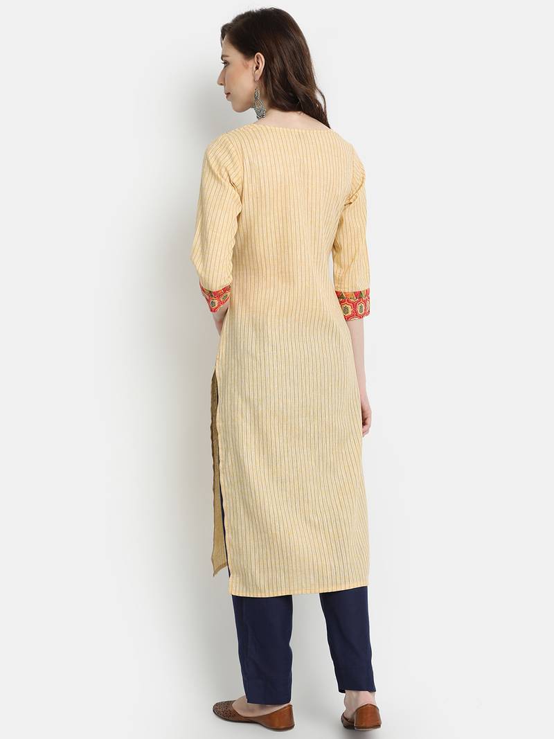 Women's Beige Cotton Printed Straight Kurta