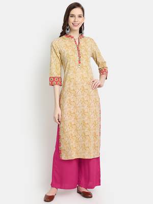 Women's Beige Cotton Printed Straight Kurta 1