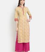 Women's Beige Cotton Printed Straight Kurta