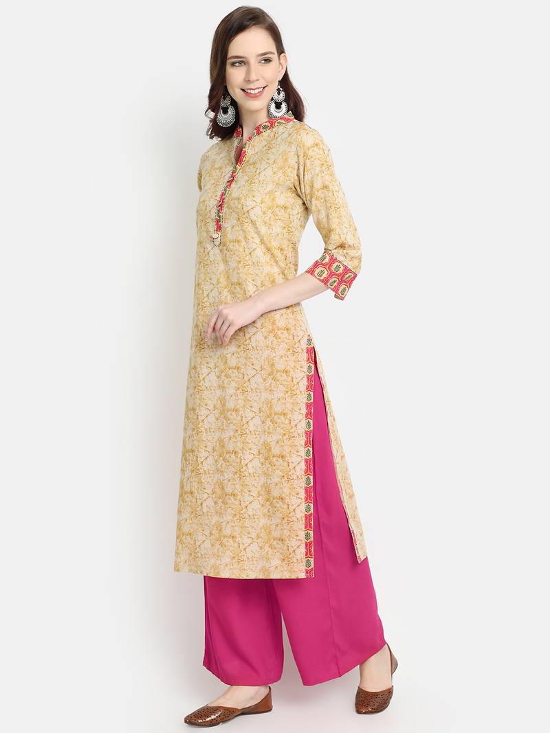 Women's Beige Cotton Printed Straight Kurta