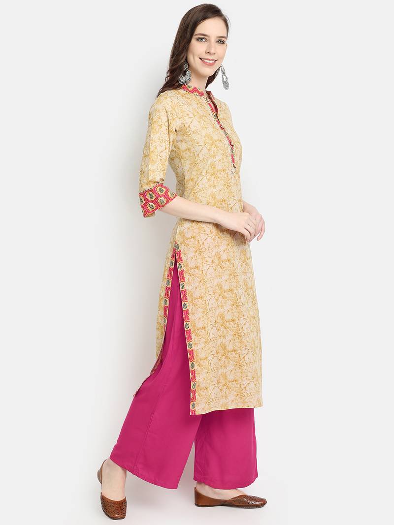 Women's Beige Cotton Printed Straight Kurta