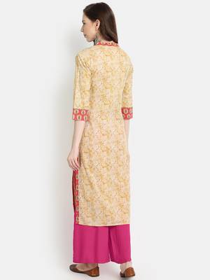 Women's Beige Cotton Printed Straight Kurta 4