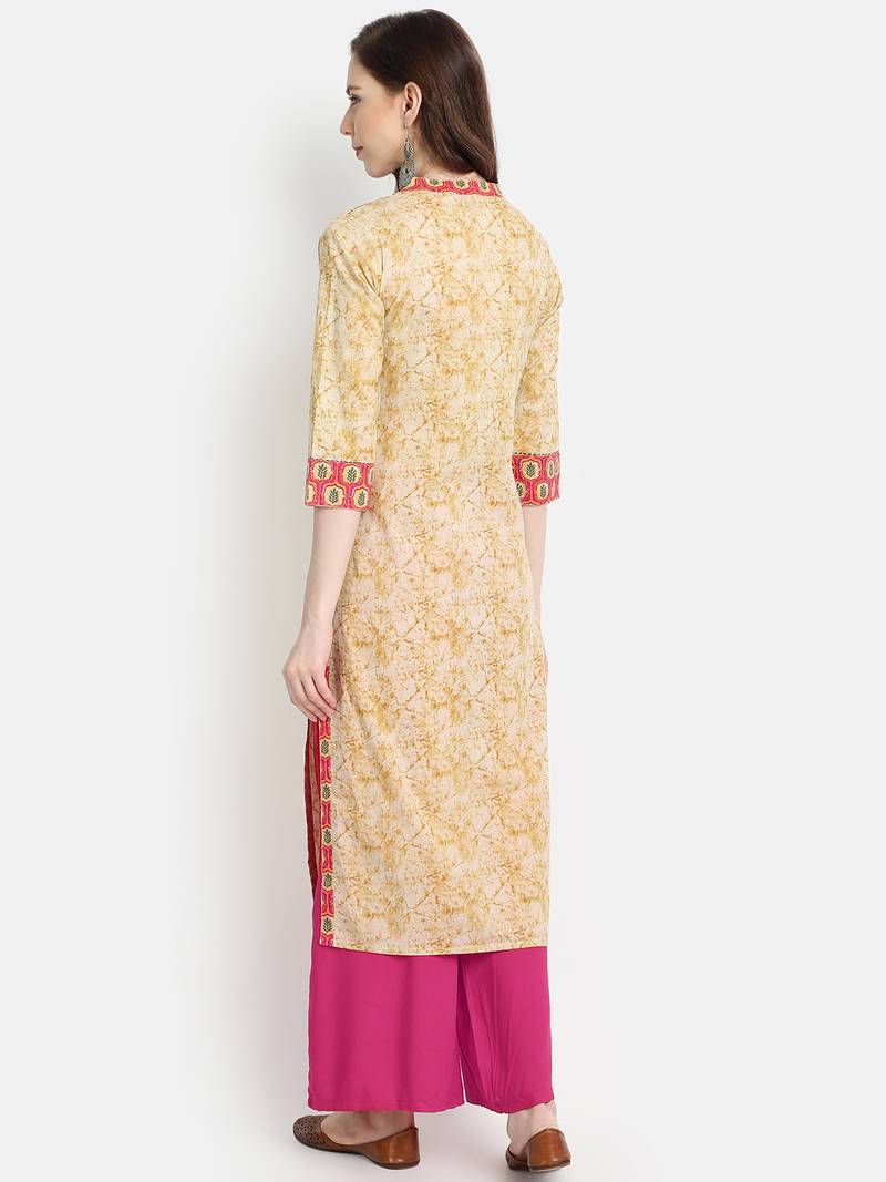 Women's Beige Cotton Printed Straight Kurta
