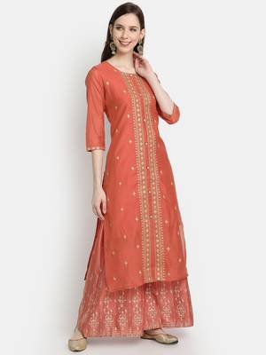Women's Rust Chanderi & Cotton Embroidered Straight Kurta 1