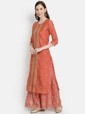 Women's Rust Chanderi & Cotton Embroidered Straight Kurta 2
