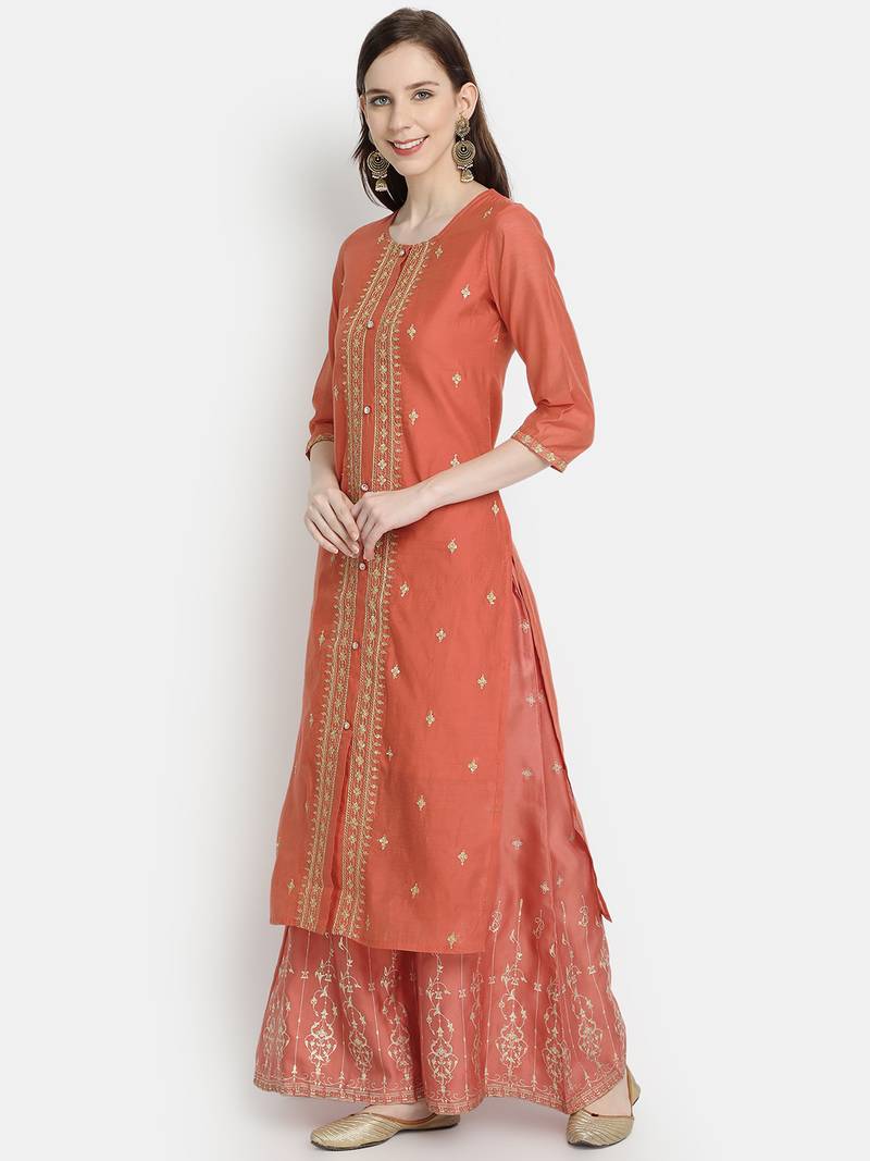Women's Rust Chanderi & Cotton Embroidered Straight Kurta