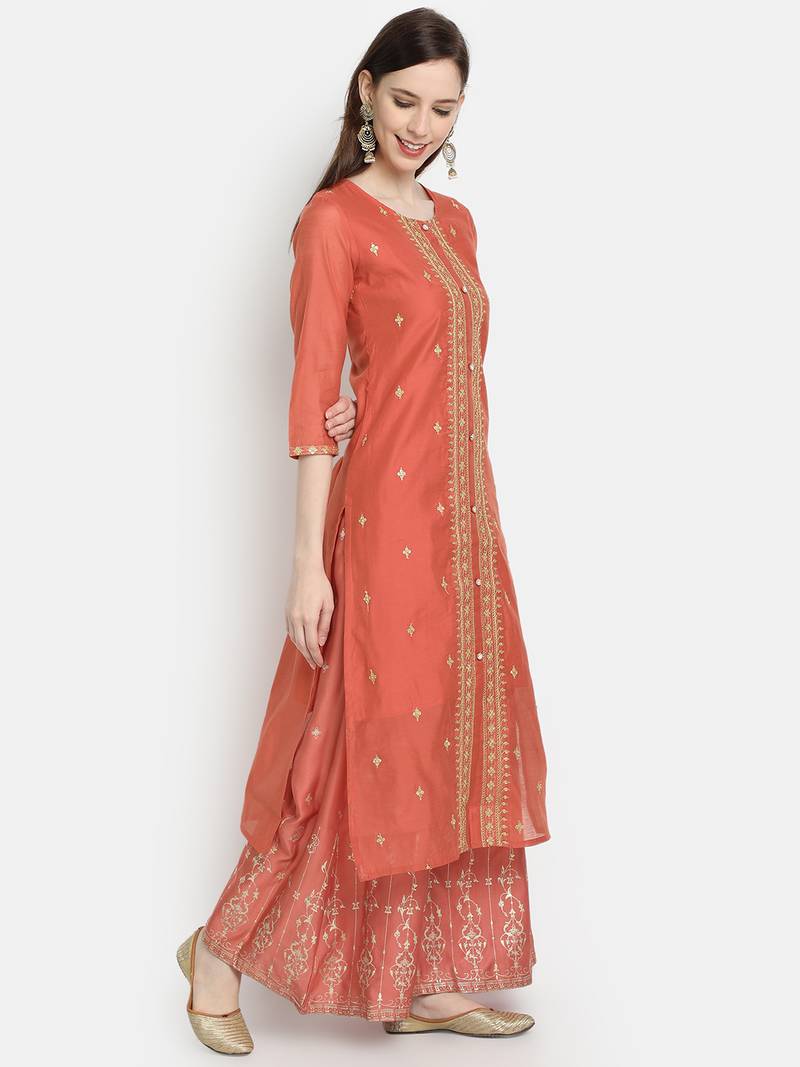 Women's Rust Chanderi & Cotton Embroidered Straight Kurta