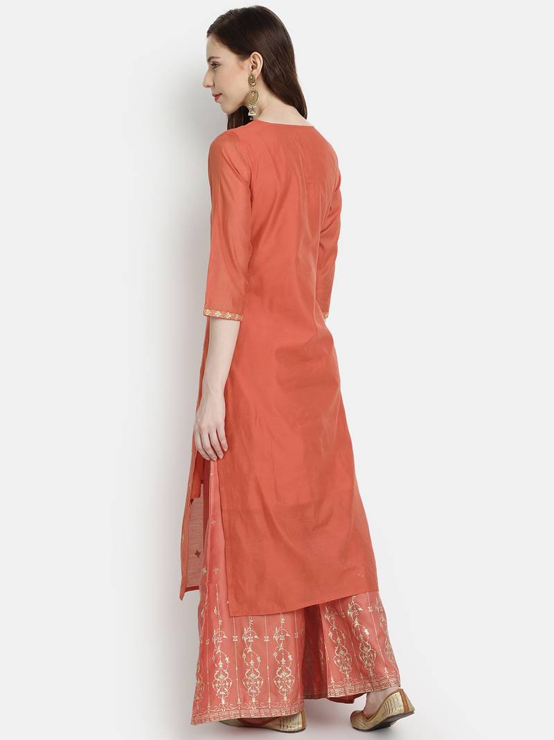 Women's Rust Chanderi & Cotton Embroidered Straight Kurta