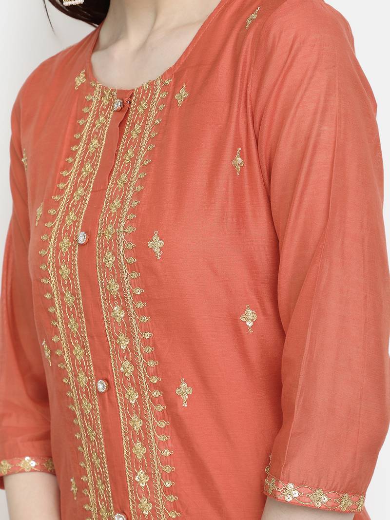 Women's Rust Chanderi & Cotton Embroidered Straight Kurta