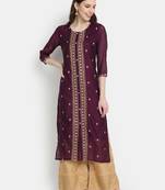 Women's Wine Chanderi & Cotton Embroidered Straight Kurta