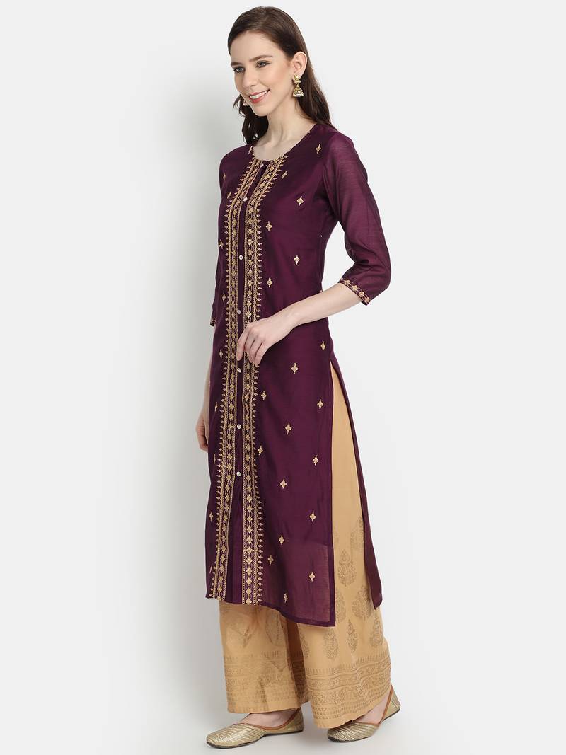 Women's Wine Chanderi & Cotton Embroidered Straight Kurta
