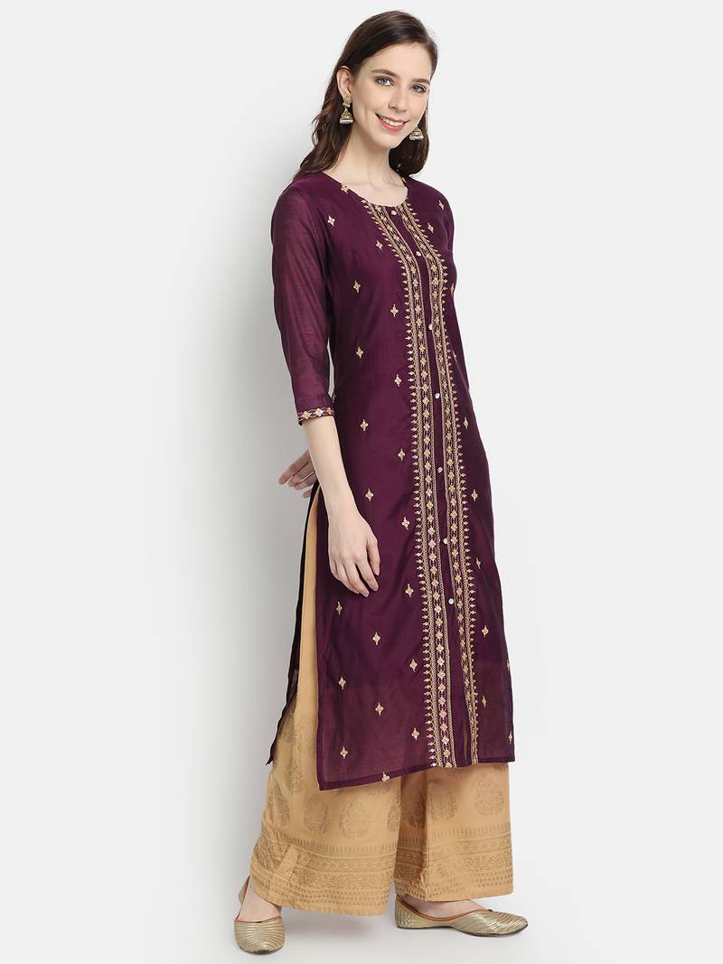 Women's Wine Chanderi & Cotton Embroidered Straight Kurta