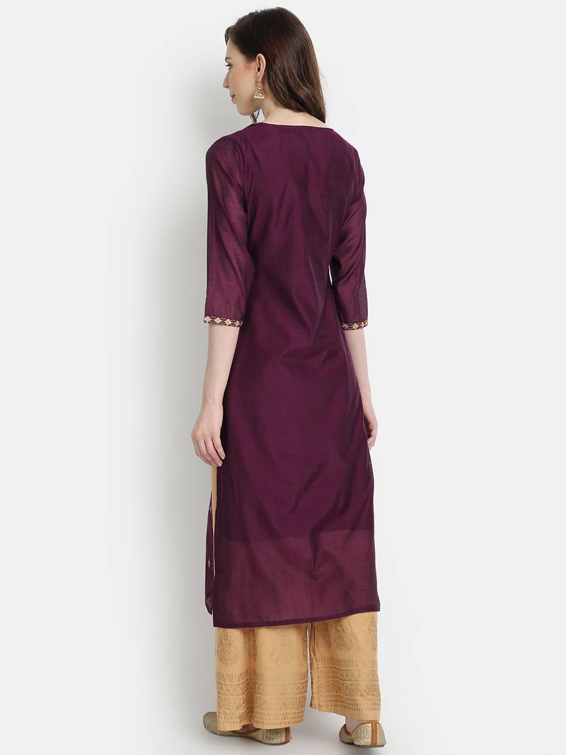 Women's Wine Chanderi & Cotton Embroidered Straight Kurta