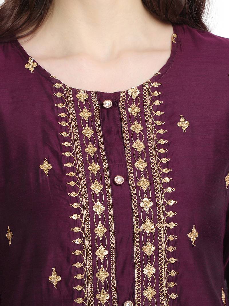 Women's Wine Chanderi & Cotton Embroidered Straight Kurta