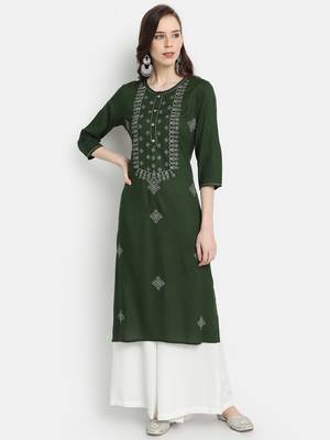 Women's Bottle Green Rayon Slub Embroidered Straight Kurta 1