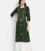 Women's Bottle Green Rayon Slub Embroidered Straight Kurta