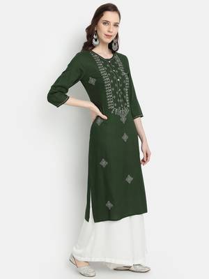 Women's Bottle Green Rayon Slub Embroidered Straight Kurta 2