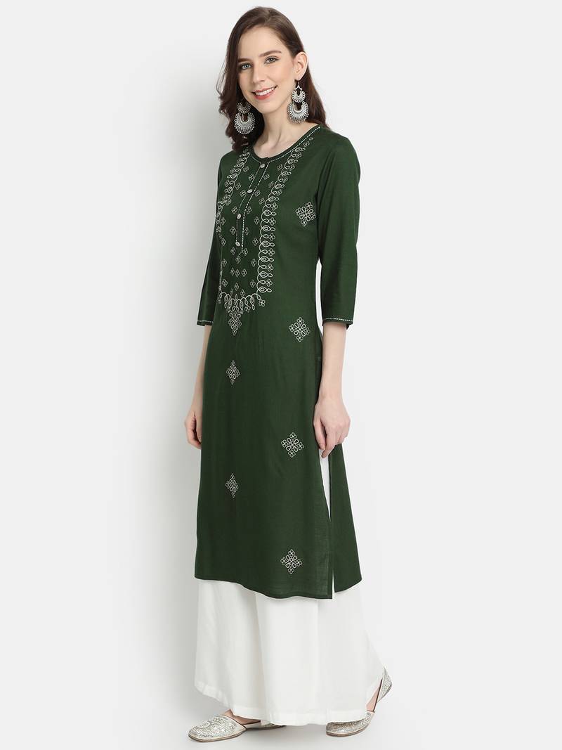 Women's Bottle Green Rayon Slub Embroidered Straight Kurta