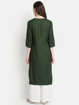 Women's Bottle Green Rayon Slub Embroidered Straight Kurta 4
