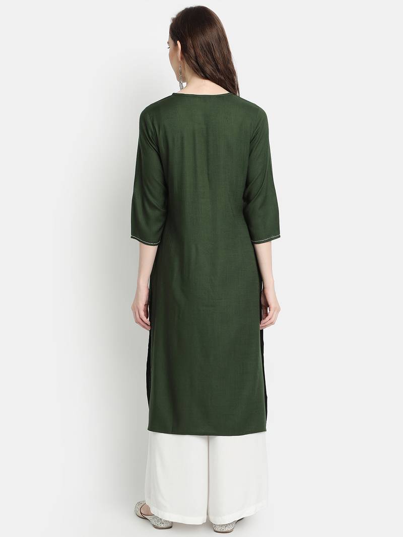 Women's Bottle Green Rayon Slub Embroidered Straight Kurta