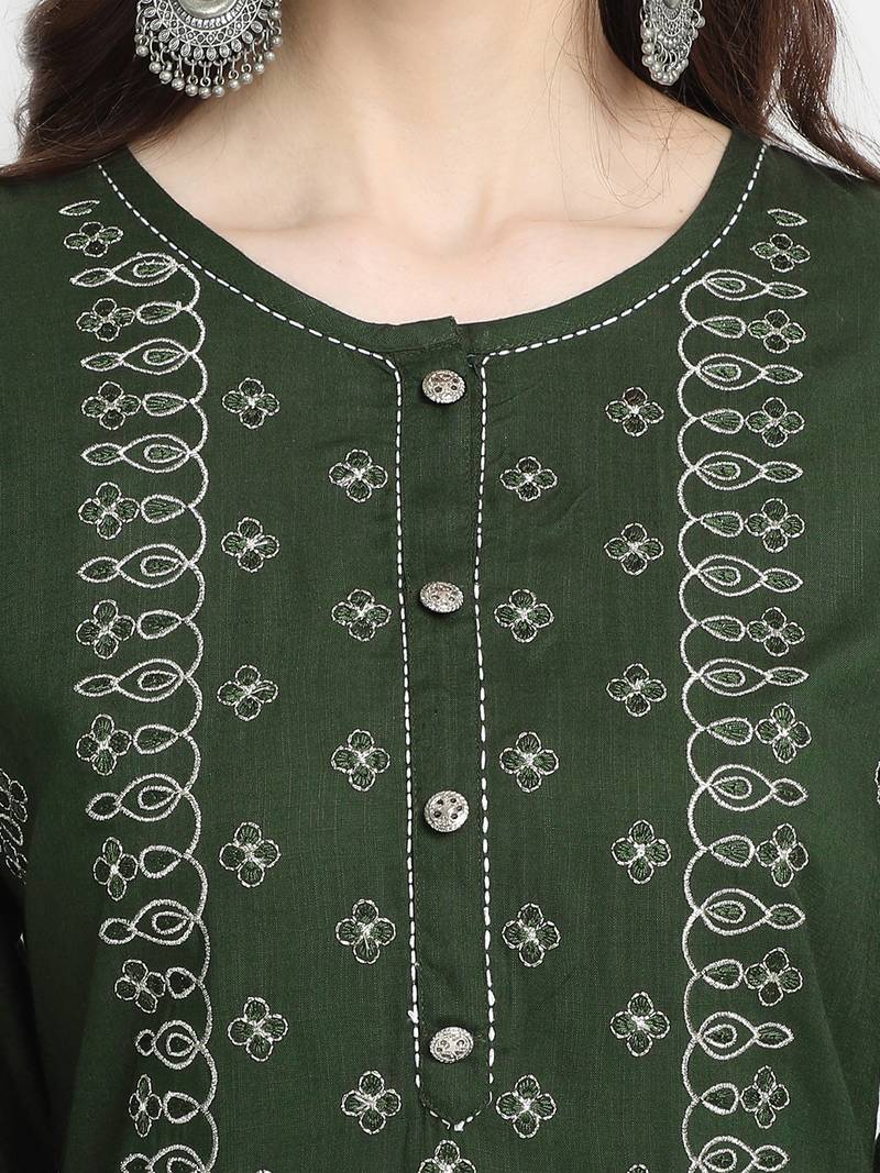 Women's Bottle Green Rayon Slub Embroidered Straight Kurta