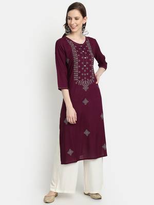Women's Wine Rayon Slub Embroidered Straight Kurta 1