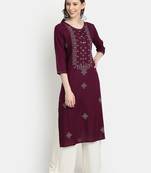 Women's Wine Rayon Slub Embroidered Straight Kurta