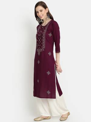 Women's Wine Rayon Slub Embroidered Straight Kurta 2
