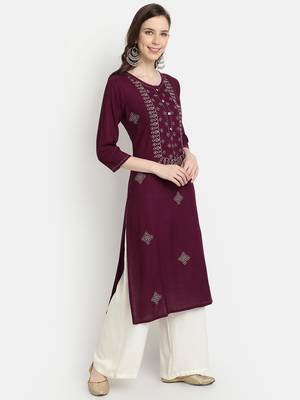 Women's Wine Rayon Slub Embroidered Straight Kurta 3
