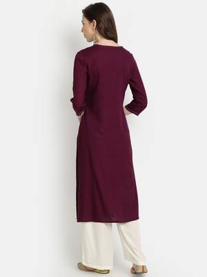 Women's Wine Rayon Slub Embroidered Straight Kurta 4