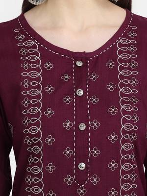 Women's Wine Rayon Slub Embroidered Straight Kurta 5