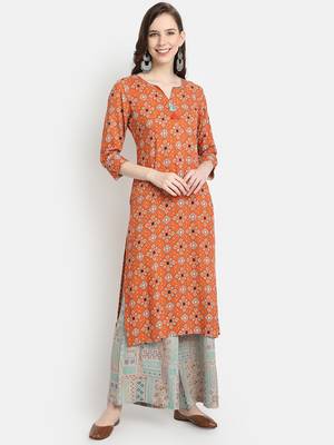 Women's  Orange Rayon Printed Straight Kurta Palazzo Set 1